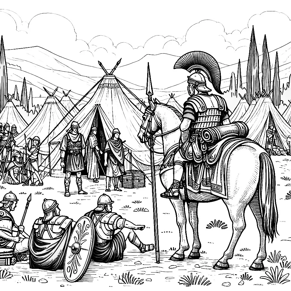Roman Army Legion Tent Camp with Soldier on Horse ⛺🐴 Coloring Page