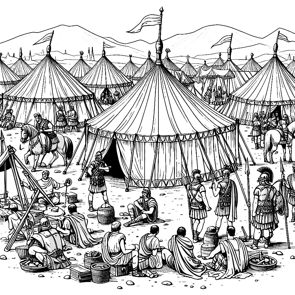 Roman Army Legion Tent Camp Soldiers around Round Tents with Pennants 🏕️🏛️ Coloring Page