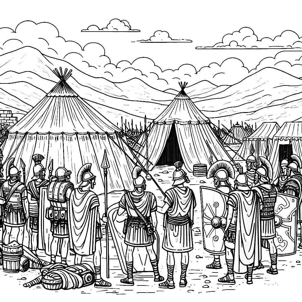 Roman Army Legion Tent Camp ⛺🛡️ Coloring Page