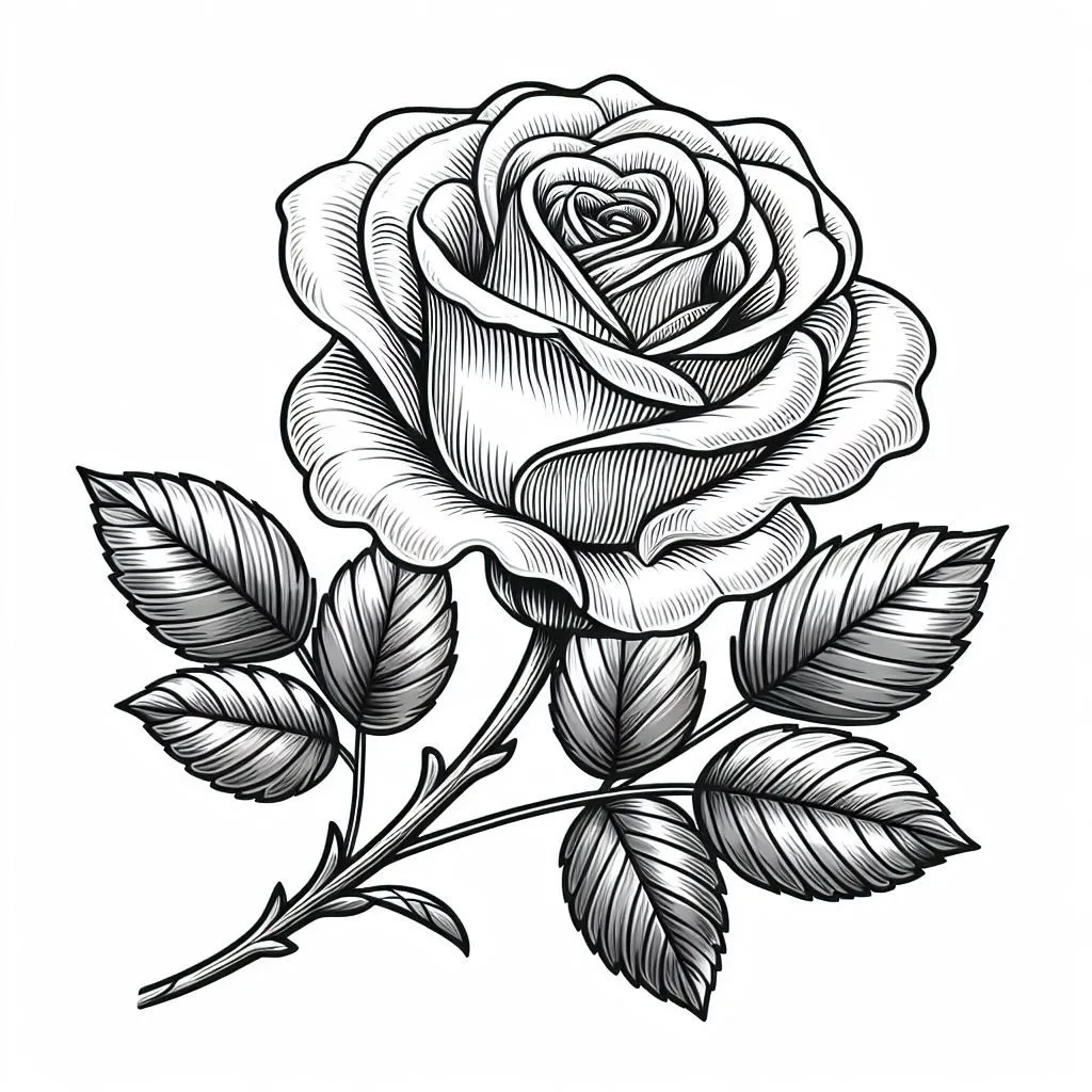 Rose Flower with Leaves 🌹🍃 Coloring Page