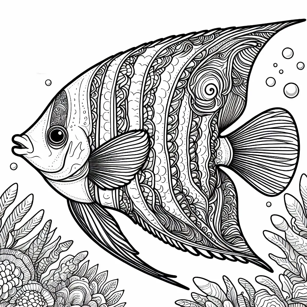 Royal Angel Yellow Blue Striped Tropical Fish 🐠👼 Coloring Page