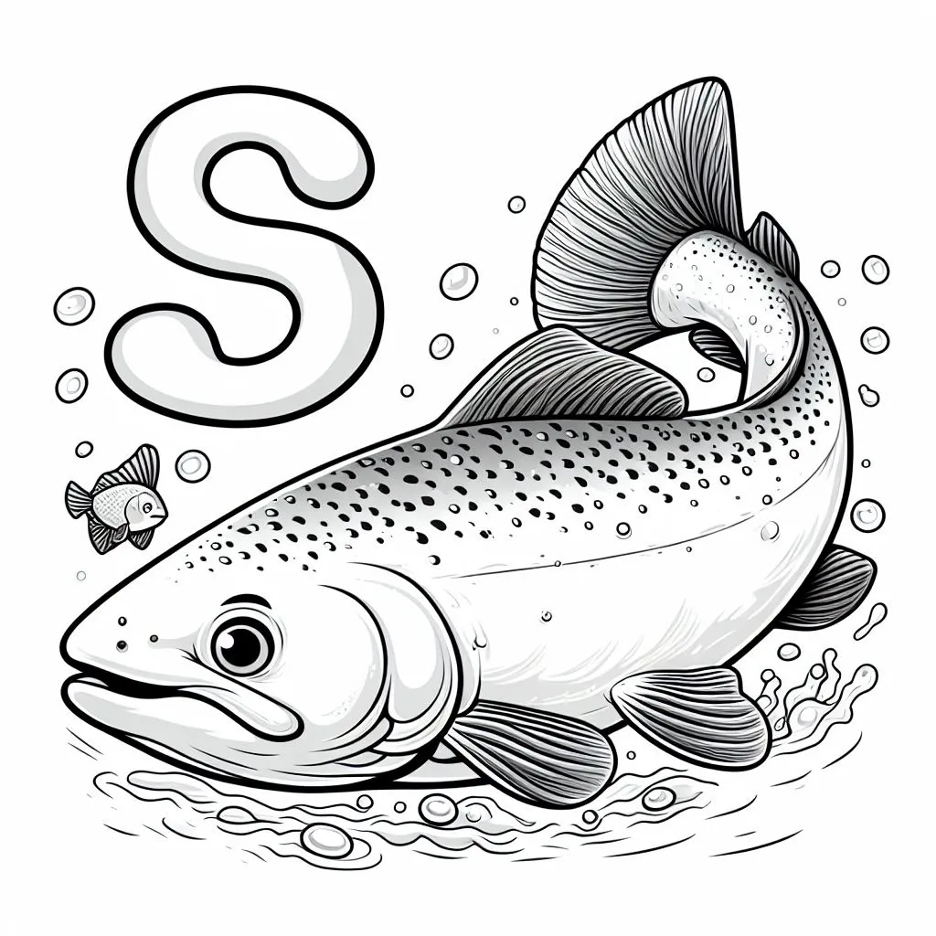 Salmon with Letter S 🐟 Coloring Page