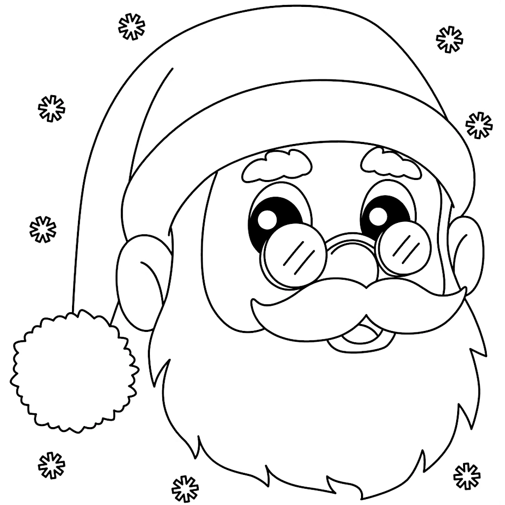 Head of Santa Wearing Glasses with Snowflakes in the Background 🎅👓❄️ Coloring Page