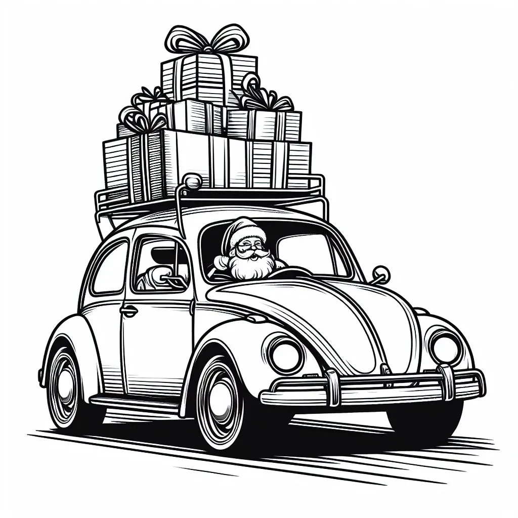 Santa Driving a VW Beetle with Gifts on the Roof 🎅🏻🚗🎁 Coloring Page