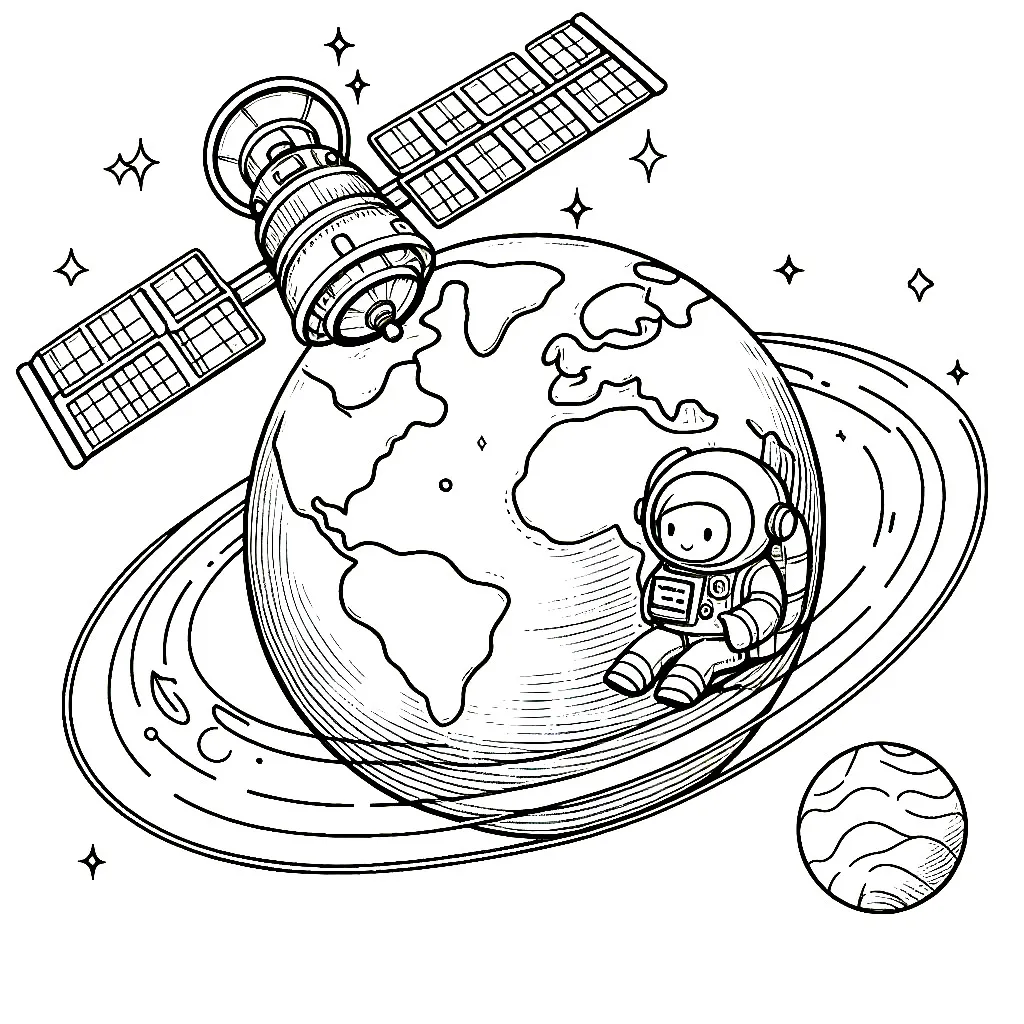 Satellite around Earth with Moon and Astronaut 🛰️🌍🌕👨‍🚀 Coloring Page