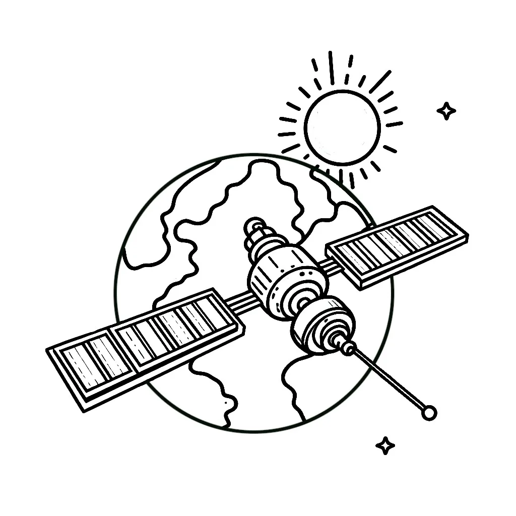 Satellite above Planet Earth with Sun and Stars 🛰️🌍🌞⭐ Coloring Page