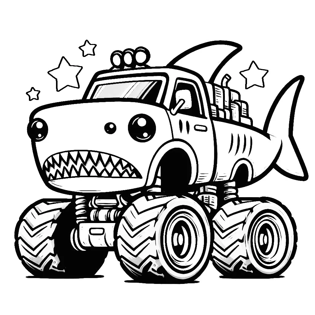 Scared Shark Monster Truck 🦈🚚💫 Coloring Page