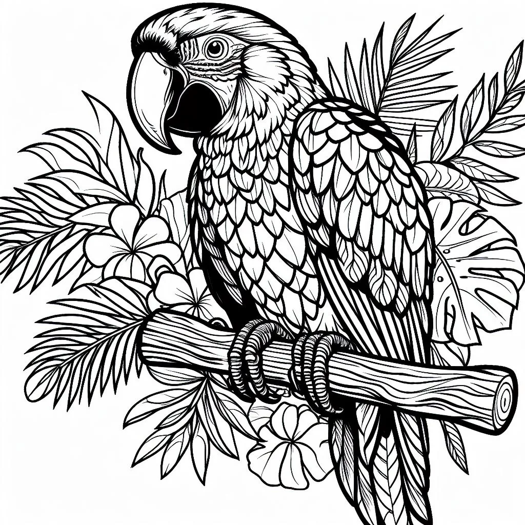 Scarlet Macaw Bird on Tree Branch with Flowers 🦜🌸 Coloring Page