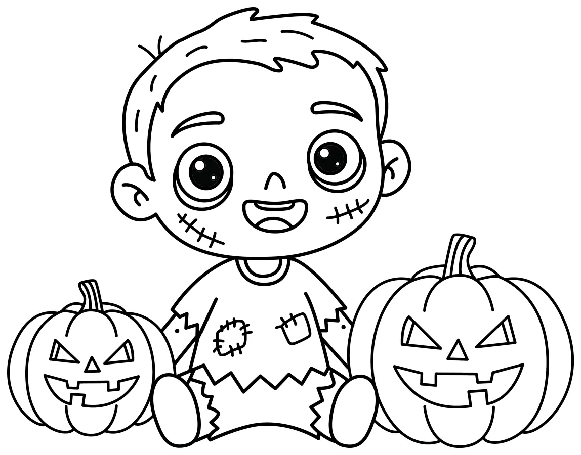 A playful zombie kid sitting between two smiling jack-o-lantern pumpkins 🎃👻🎃 Coloring Page