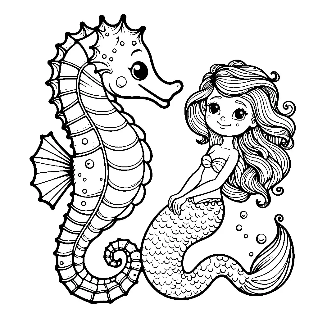 Sea Horse with Mermaid 🌊🧜‍♀️🐚 Coloring Page