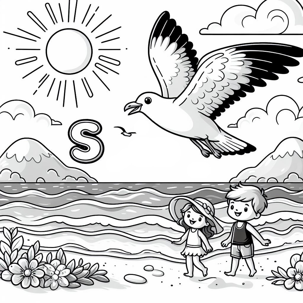 Seagull Flying over Beach with Boy and Girl Walking on Shore with Letter S 🐦🏖️🚶‍♂️🚶‍♀️ Coloring Page