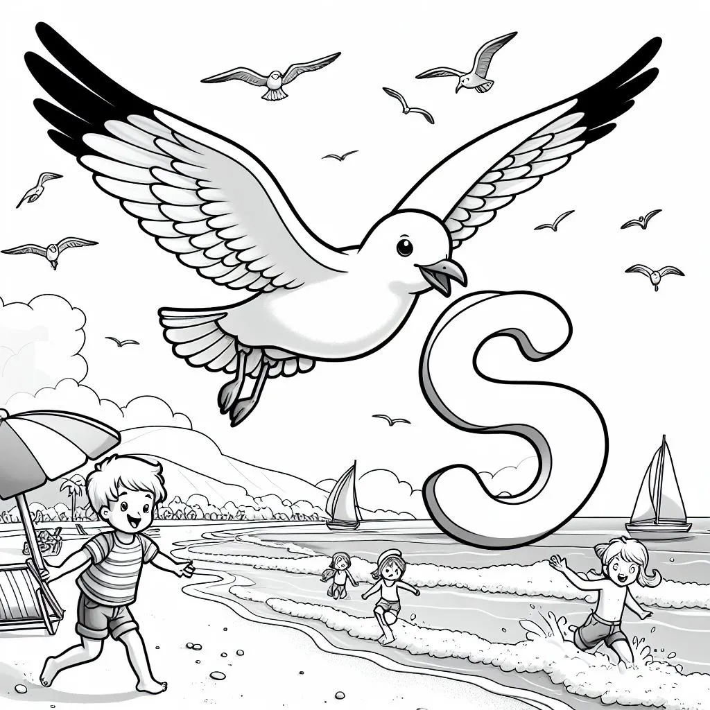 Seagull Flying over Beach with Kids and Letter S 🐦🏖️👶👦👧 Coloring Page