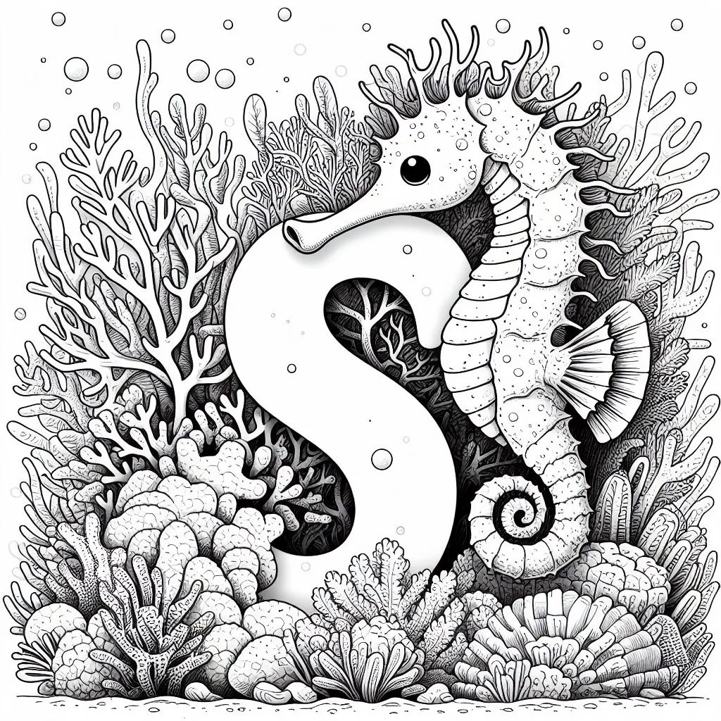 Seahorse with Letter S in between Coral 🌊🐴 Coloring Page