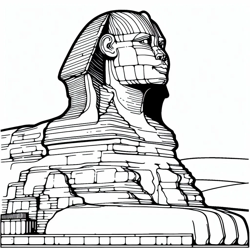 Sphinx sitting in Ancient Egypt with Palm Trees and Sun Coloring Page