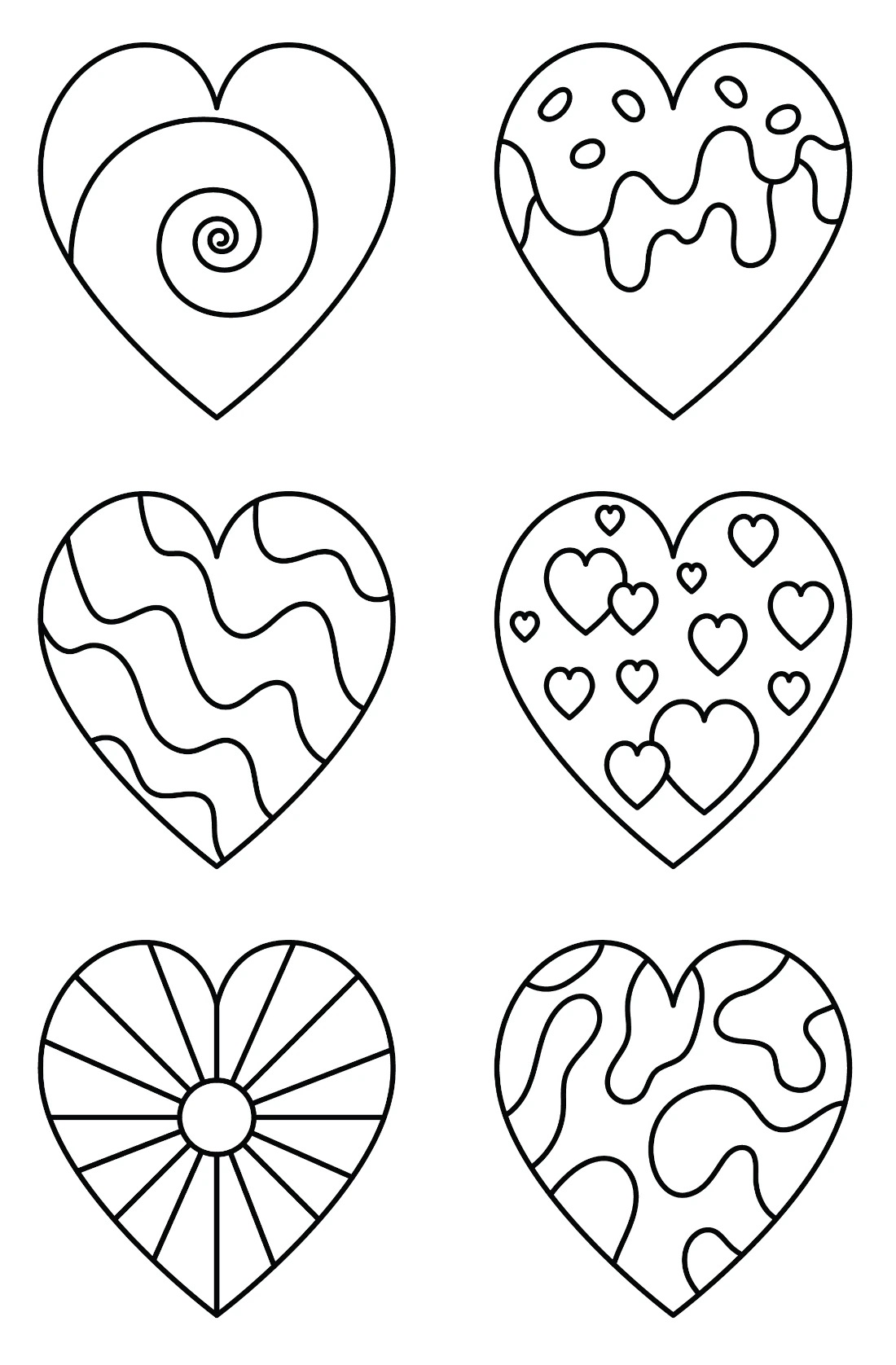 Six Decorated Hearts with Waves, Swirl, Hearts,Lines, Patterns and Candy 💖🍬🎨 Coloring Page