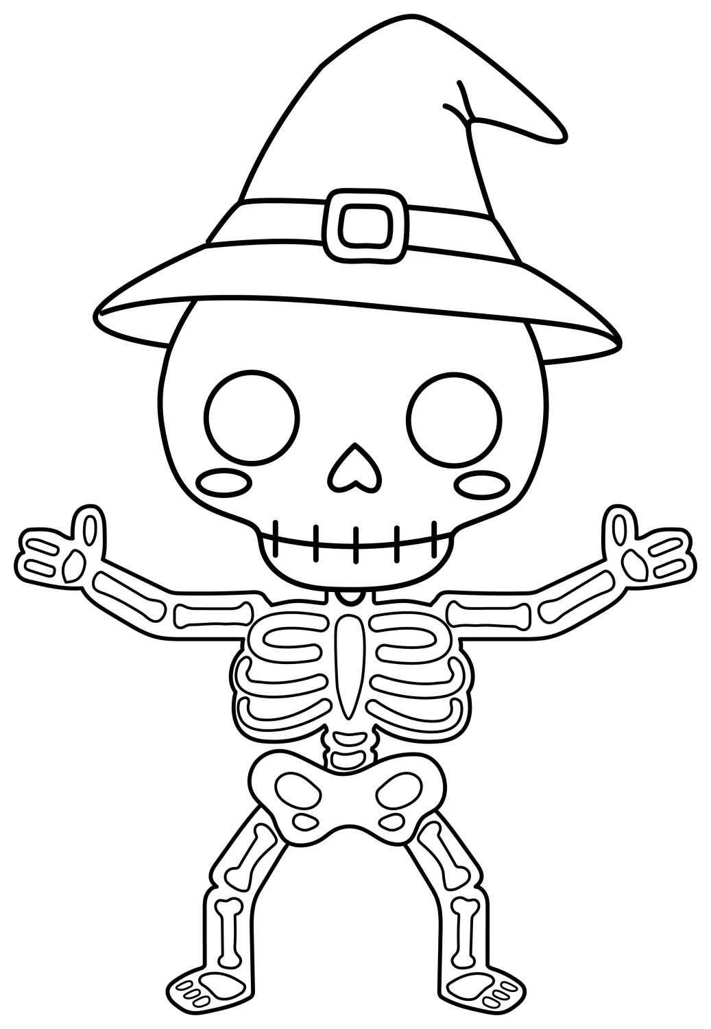 Cute Skeleton with a Witch Hat Celebrating Halloween 🎃👻💀 Coloring Page
