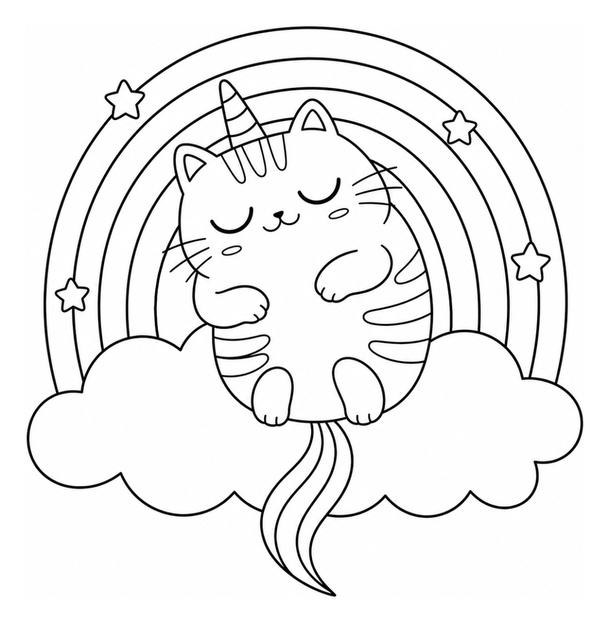 Sleeping Unicat on a Cloud and Rainbow 🌈🐱✨ Coloring Page