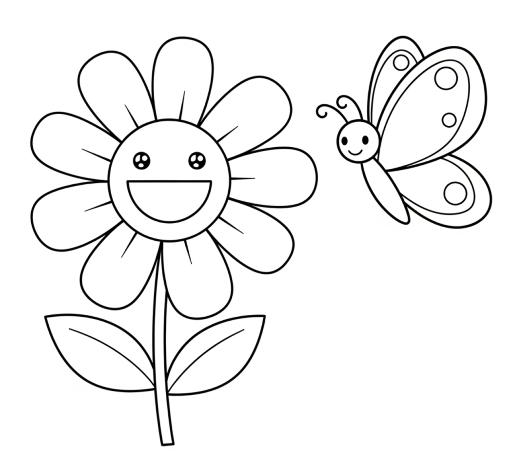 Smiling Flower with Butterfly and Friendly Face 🌼🦋😊 Coloring Page