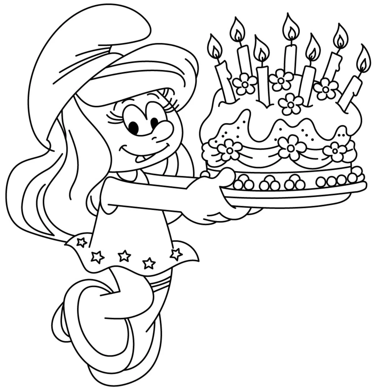 Smurfette Celebrating with a Beautiful Birthday Cake 🎂🎉🎈 Coloring Page