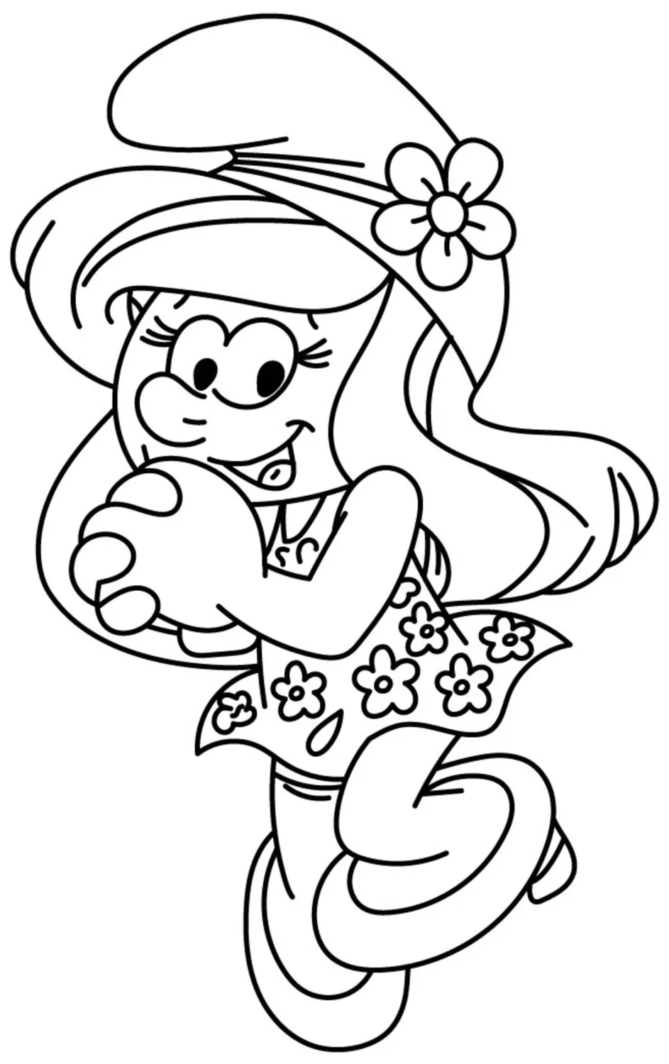 Smurfette in a Flower Dress with a Red Flower 🌸💙👗 Coloring Page