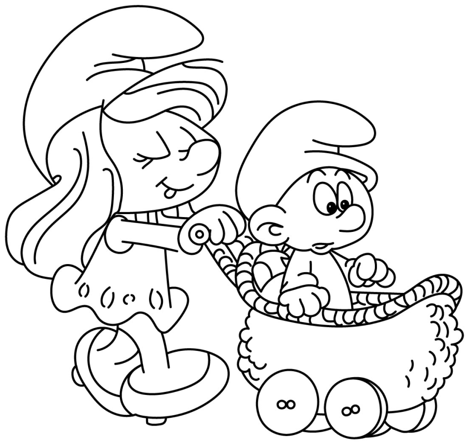 Smurfette pushing a trolley with a baby Smurf 👩‍👧🛒👶 Coloring Page