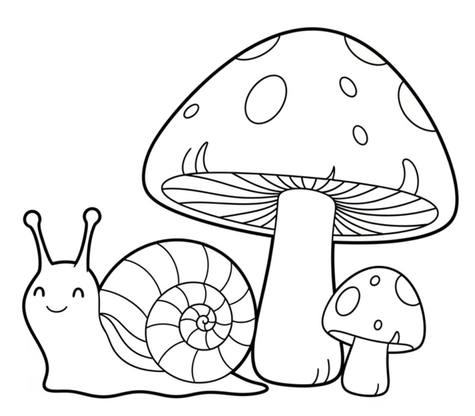 Adorable Snail with Mushroom in the Forest 🐌🍄🌿 Coloring Page