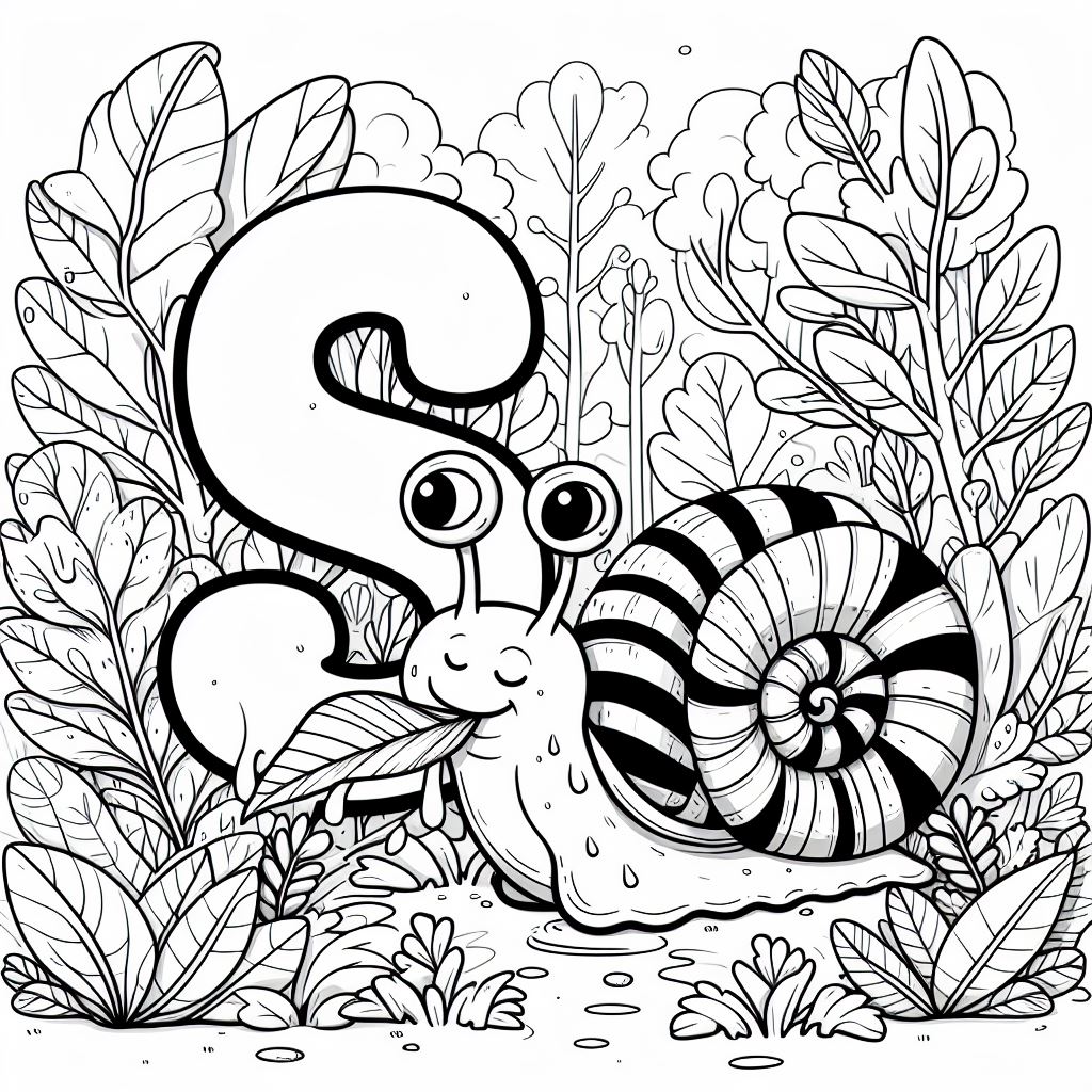 Snail Eating a Leaf with Letter S 🐌🍃 Coloring Page