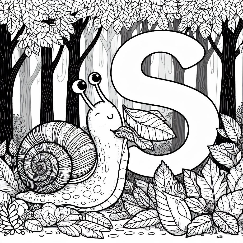 Snail Eating Leaves in the Forest with Letter S 🐌🍃🌳 Coloring Page