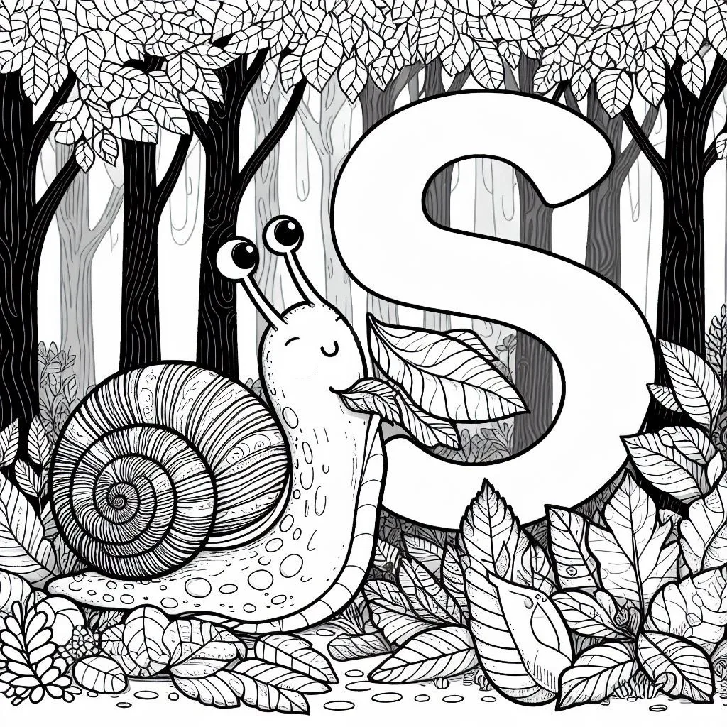 Snail Eating Leaves in the Forest with Letter S 🐌🍃🌳 Coloring Page