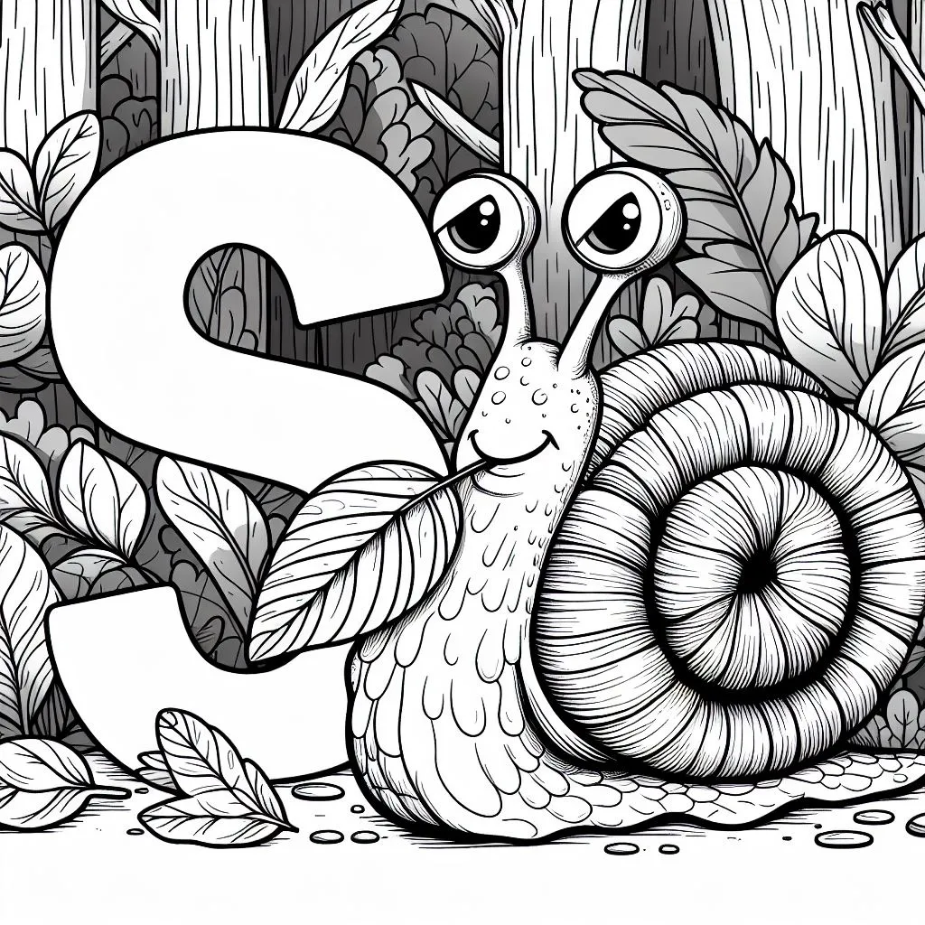 Snail Eating Leaves in the Forest with Letter S 🐌🍃🌳 Coloring Page