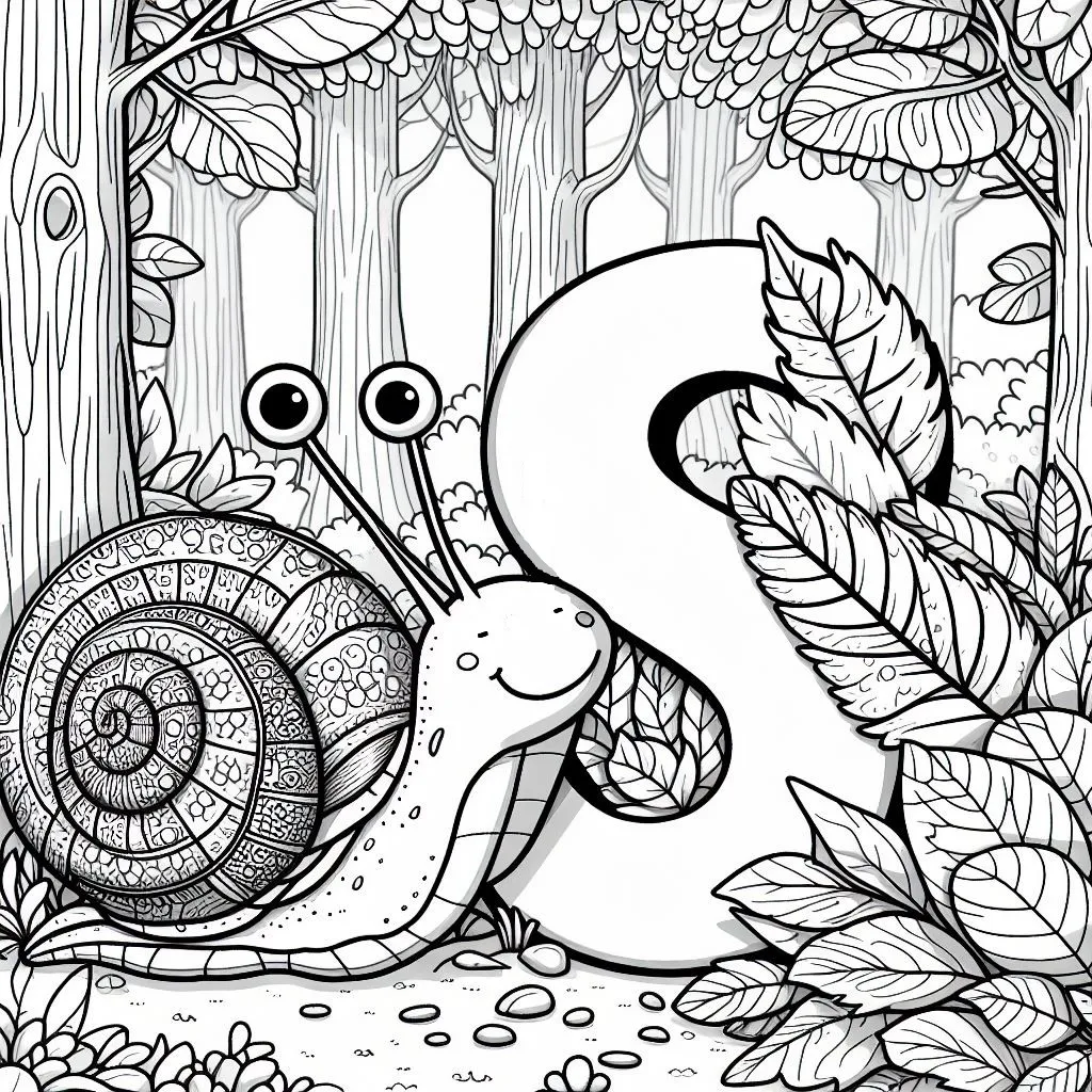 Cute Happy Snail in the Forest with Letter S 🐌🍃🌳😊 Coloring Page