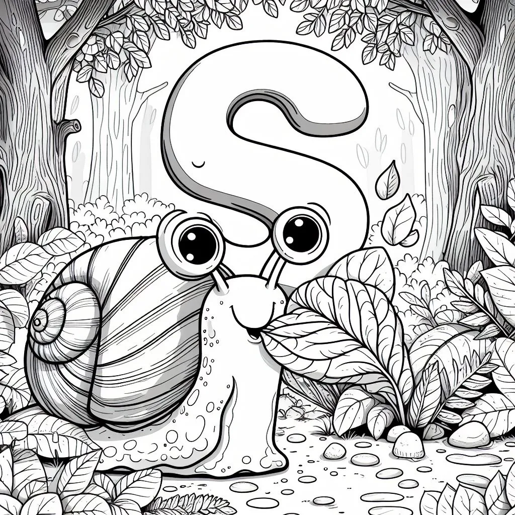 Cute Happy Snail Eating Leaves in the Forest with Letter S 🐌🍃🌳😊 Coloring Page