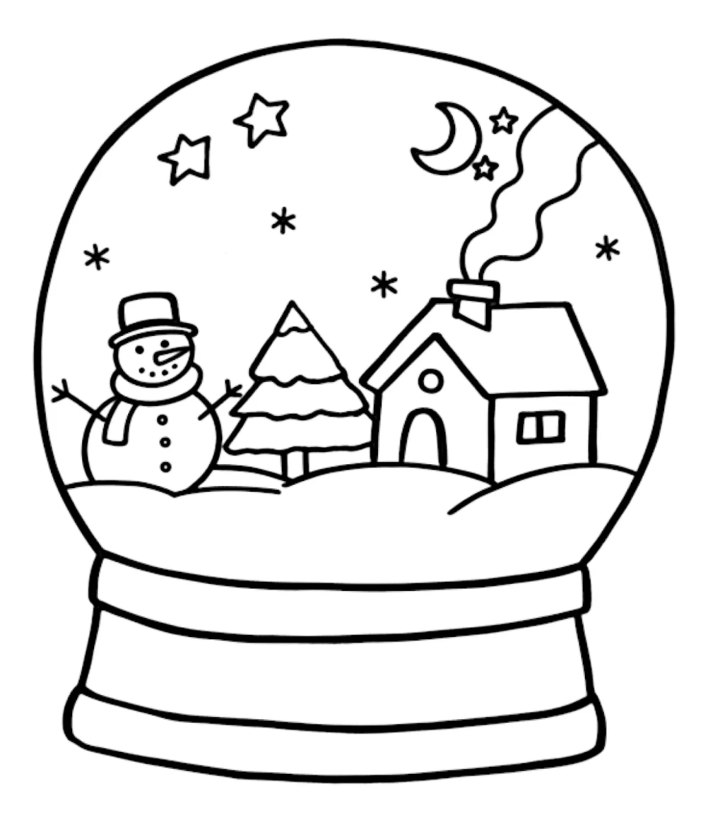 A charming winter scene inside a snow globe with a snowman, house, and tree 🌲❄️🏠 Coloring Page