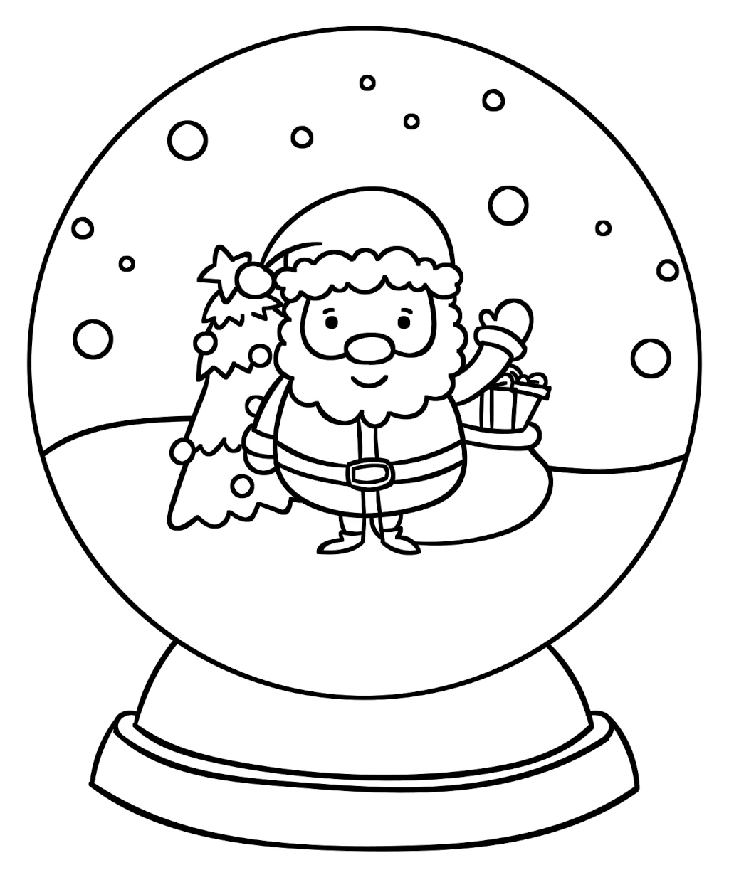 Santa Waving inside a Snow Globe with a Christmas Tree and a Bag filled with Gifts 🎅❄️🎄 Coloring Page