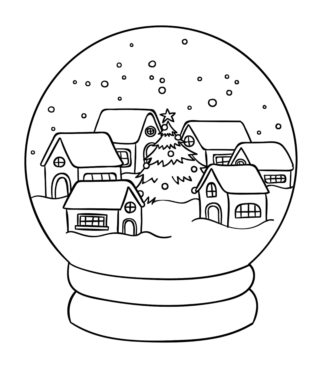Snowglobe with Houses around Christmas Tree 🌨️🎄🏠✨❄️ Coloring Page