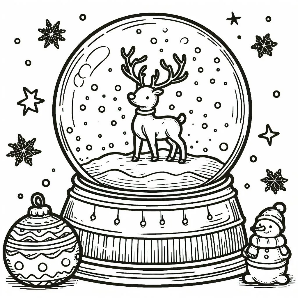 Snow Globe with Reindeer inside and Christmas Bauble 🔮❄️🦌🎄 Coloring Page