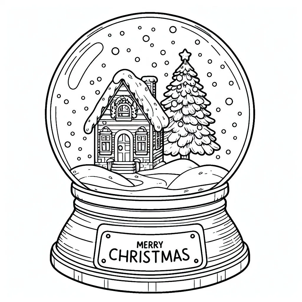 Snow Globe with House and Christmas Tree 🎄 labelled Merry Christmas 🏡🎄 Coloring Page