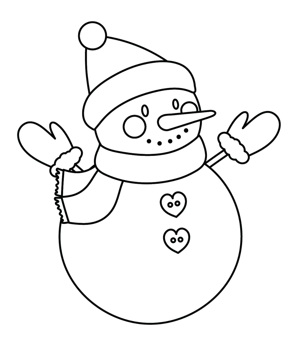 Snowman with Hat Mittens Scarf Carrot and Heart-shaped Buttons ⛄🎩🧤❄️ Coloring Page
