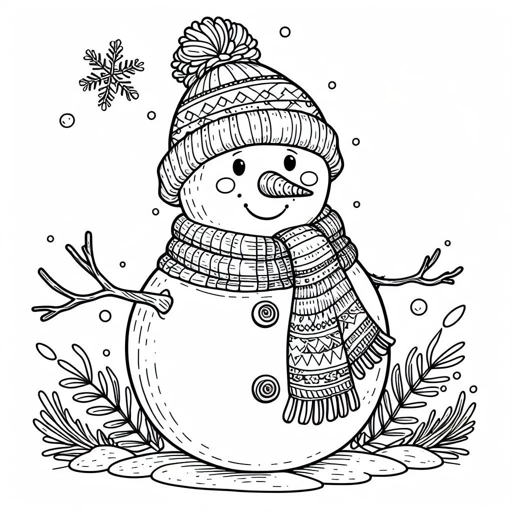 Snowman ⛄ with Scarf and Hat ❄️🧣🎩 Coloring Page