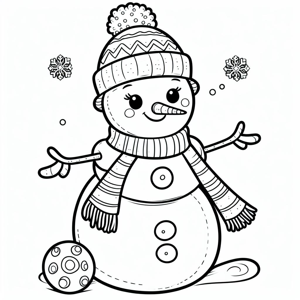 A snowman with a hat a scarf and a ball next to it ⛄ Coloring Page