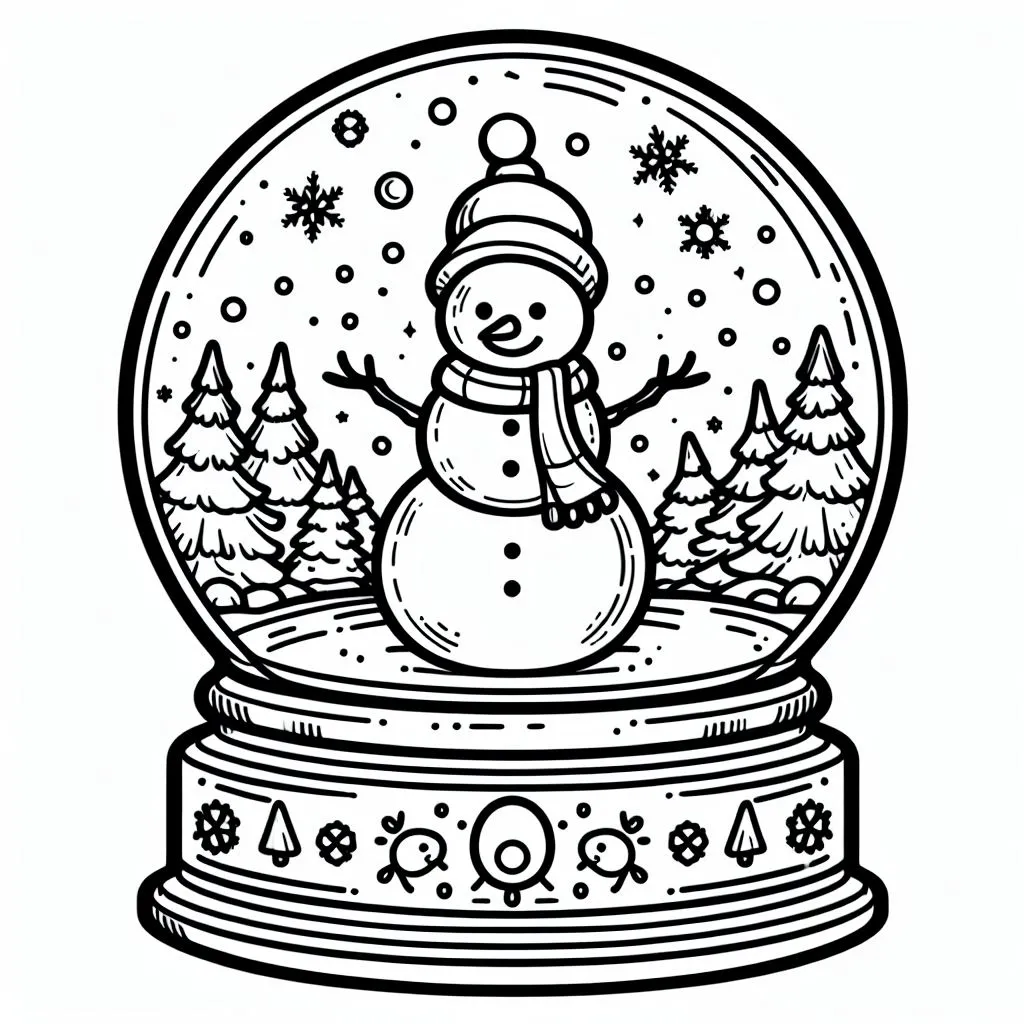 Snow Globe with a Snow Man and Trees ❄️⛄🏡🌲 Coloring Page