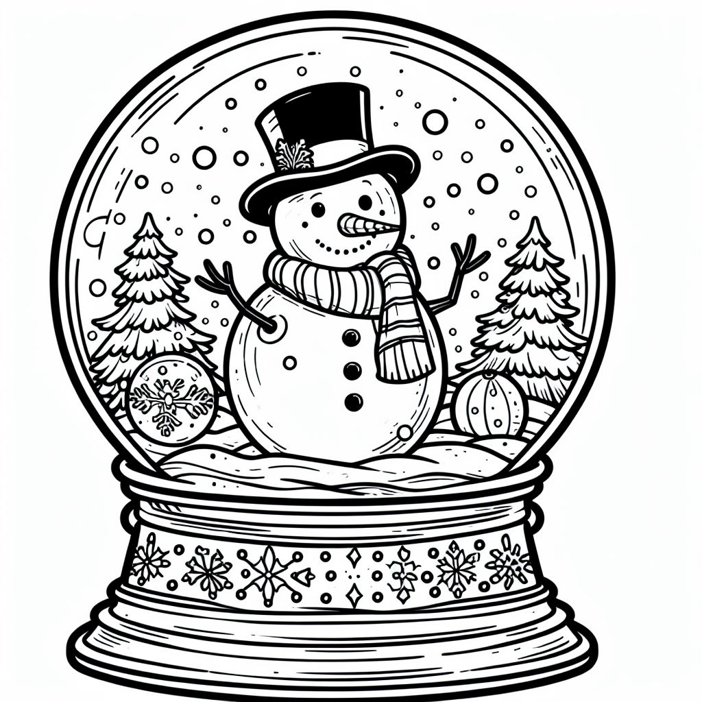 Snowman ⛄ in Snow Globe with Trees ⛄❄️🏡🌲 Coloring Page