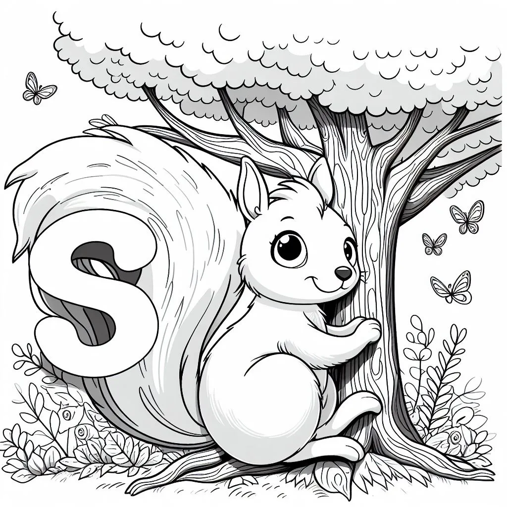 Cute Squirrel in Forest with Letter S 🐿️🌳 Coloring Page