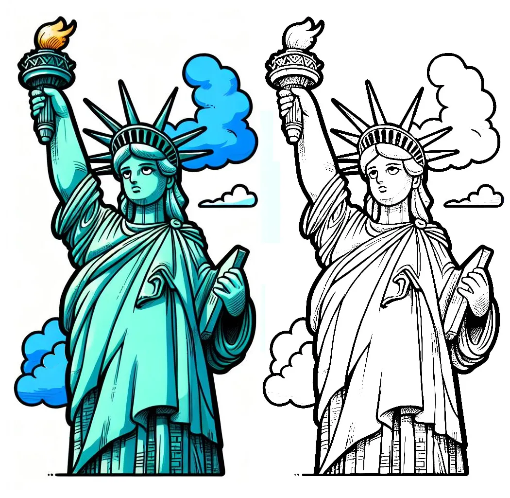 Statue of Liberty with Coloring Example 🗽📚🔥 Coloring Page