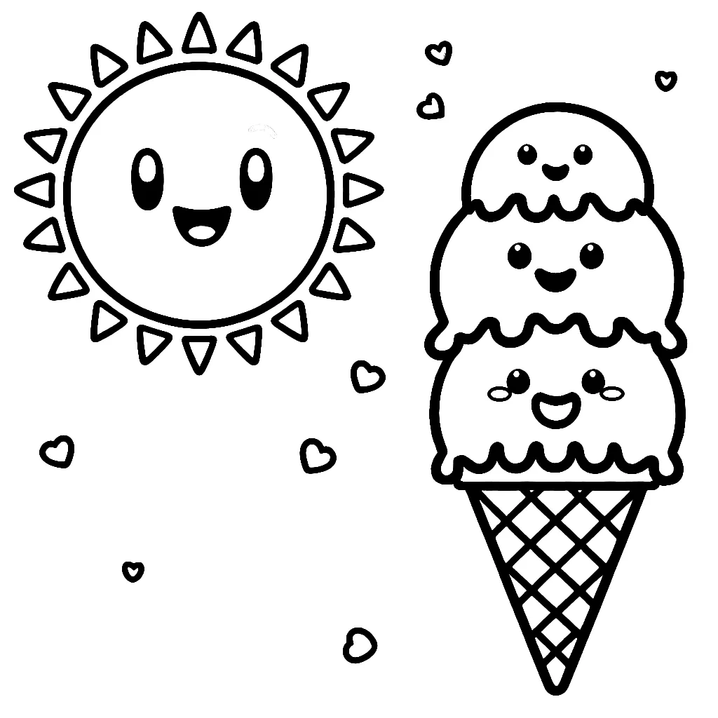 Summer Ice Cream Cone with 3 Scoops and Sun in the Background 🍦🌞✨ Coloring Page