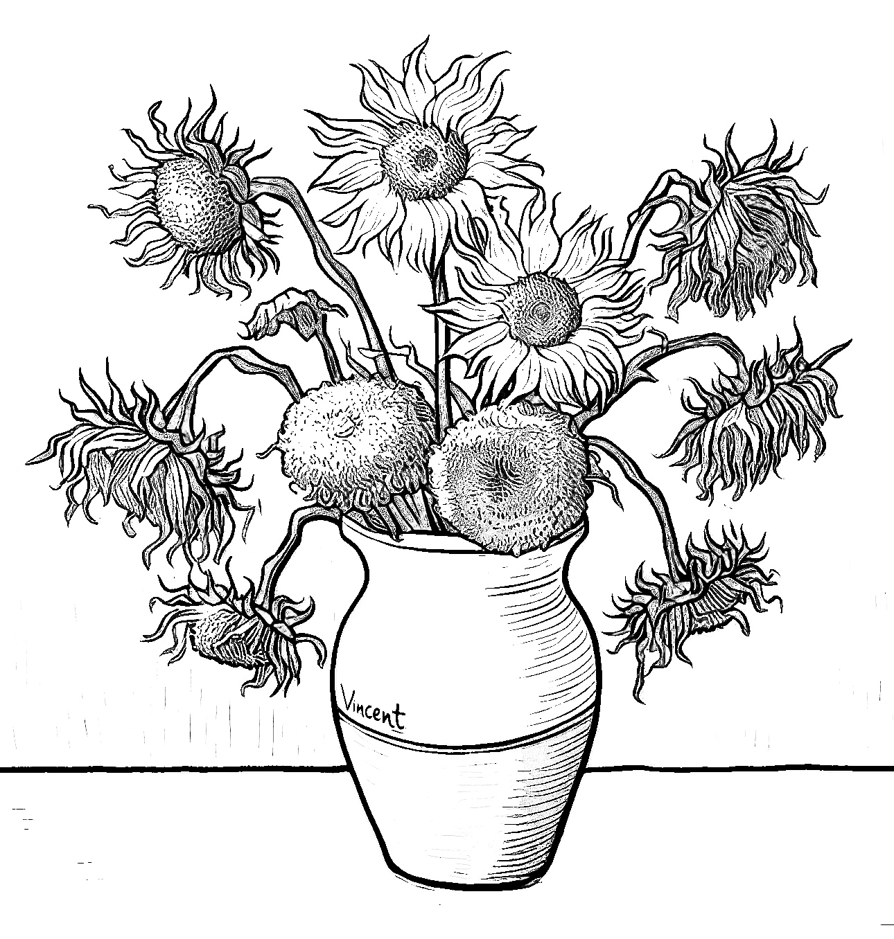 Sunflowers Painting by Vincent Van Gogh 1888 🌻🎨 Coloring Page