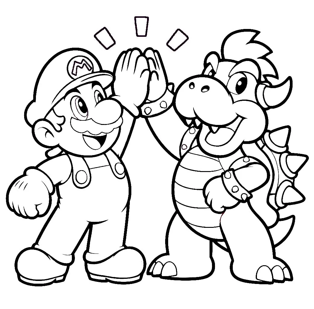 Super Mario and Bowser Giving High Five 🎮🙌 Coloring Page