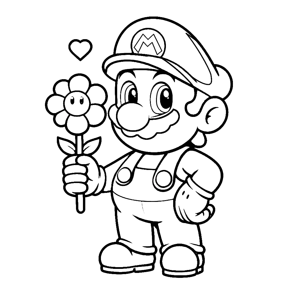 Super Mario Holding Cute Flower 🌸🎮 Coloring Page