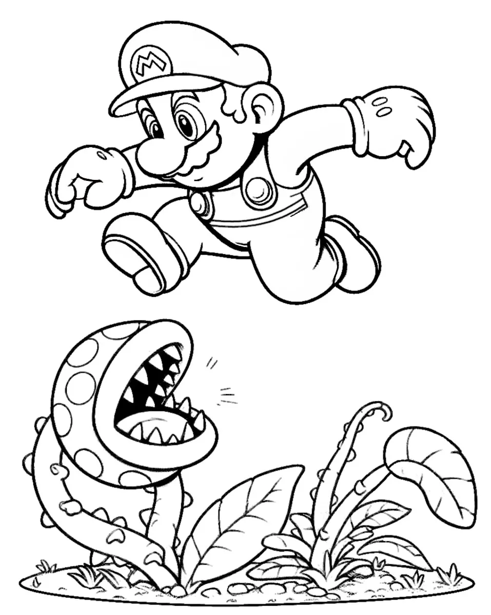 Super Mario Jumping over Piranha Plant Pakkun Flower 🍄🌟🎮 Coloring Page