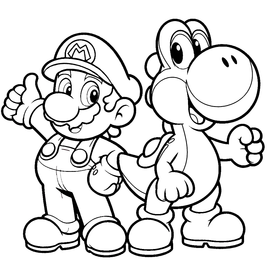 Super Mario with Thumbs Up Standing Next to Yoshi Making Fist 🍄👍 Coloring Page